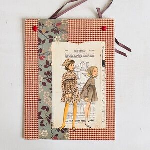 Vintage Sewing Pattern Mixed Media 9x12 Canvas Board Hanging Ribbon Collage